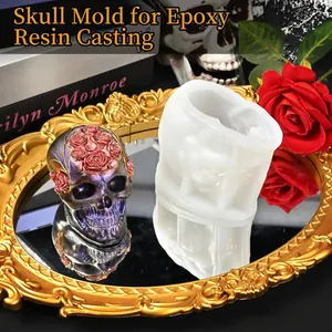 Macro detail view of white skull silicone mold and the finished resin casting