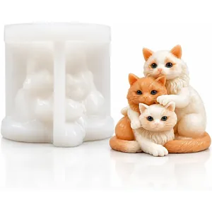 Moule en Silicone 3 Chatons s'Embrassant pour DIY Bougie Plâtre Résine Savon Artisanat Chat Animal Sculpture Ornement Outil Déco