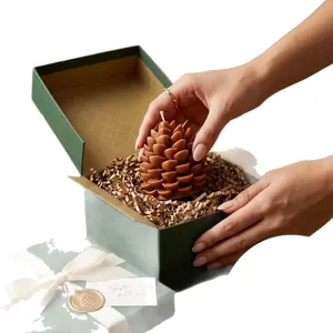 Geurkaars in de vorm van een dennenappel in elegante groene geschenkdoos verpakking.