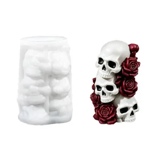 Stampo in silicone teschio a 3 strati e rose per candele Halloween e resina