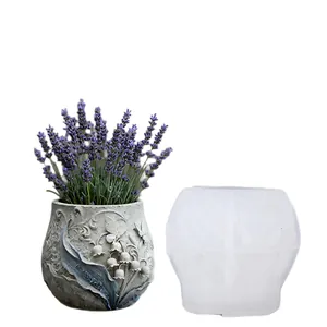 Silikonform für Beton-Blumentöpfe und Stifthalter mit elegantem Blumen-Reliefdesign