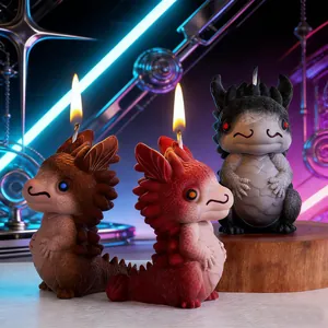 Detailed view of cute dragon candles with flickering flames in a vivid neon setting