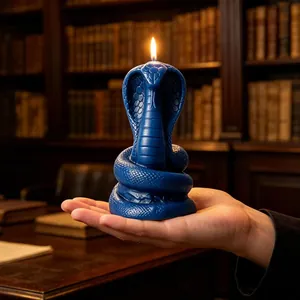 Atmospheric close-up of a lit blue cobra-shaped wax candle held in a human hand