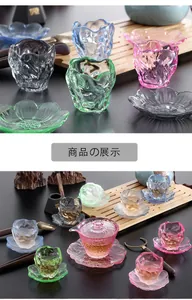 Detailed view of colorful Japanese style textured glass tea cups with saucers