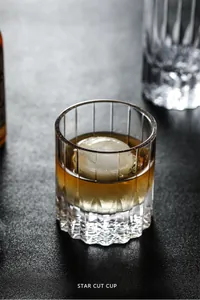 Close-up of hand-cut crystal whiskey glass with a round ice sphere