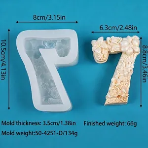 Floral relief number 7 silicone mold showing product dimensions and weight specifications