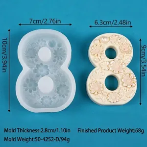 Detailed dimensions for number 8 floral relief silicone mold and finished product.