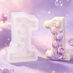 Detail view of number 1 silicone mold with intricate tulip floral relief for candle making