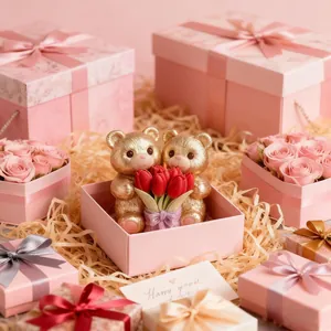 Detailansicht einer goldenen Bären-Duftkerze mit roten Tulpen in rosa Geschenkbox