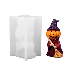 Detail showing the silicone mold alongside the finished Halloween pumpkin wizard figurine.