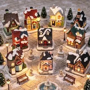 Detailliertes Miniatur-Weihnachtsdorf mit leuchtenden Häusern und Schneeelementen