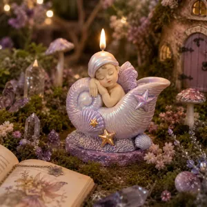 Vista dettagliata di una candela a forma di angelo in una conchiglia perlata viola