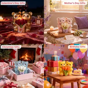 Teddybär Blumenstrauß Kerzenkollektion in vier festlichen Geschenkszenarien gezeigt