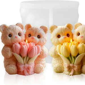 Silikonform süßer Bär mit Tulpen für Kerzen, Harz und feine Aroma-Bastelarbeiten