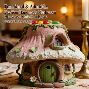 Detailed view of handmade fairy mushroom house used as a decorative candy jar