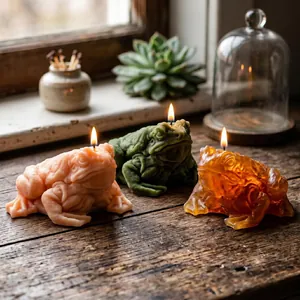 Three handcrafted frog-shaped aromatherapy candles with unique textures burning on wood