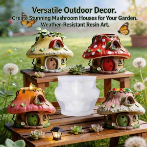 Detailed view showing the translucent silicone mushroom house mold and colorful finished resin art