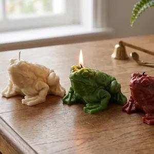 Detail view of frog-shaped candles in green, cream, and red on a wood surface
