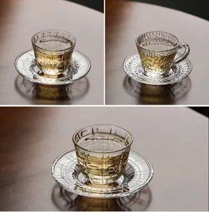 Exquisite heat-resistant glass tea cup and saucer set with elegant textured patterns