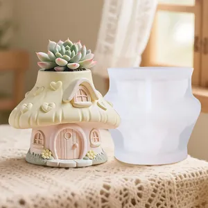 Close-up detail of mushroom house silicone mold shown beside a finished painted succulent pot
