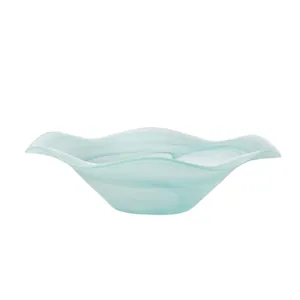Elegant light blue alabaster glass fruit bowl with unique wavy flower edge design for home