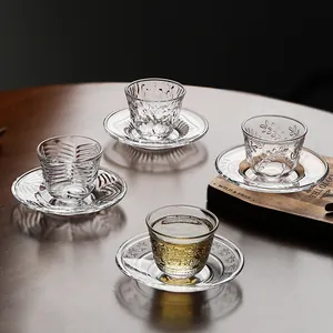 Heat Resistant Transparent Glass Tea Cup Relief Kung Fu Tea Cup Miniature Glass Bowl Retro Embossed Teaware For Home Office