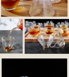 Elegant Japanese hammered glass tea cups with gold rim, detailed Kung Fu tea set view