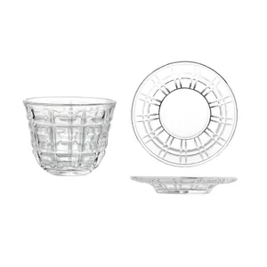 Heat-resistant clear glass tea cup and saucer set with elegant faceted grid texture