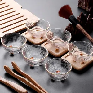Taza de Té de Vidrio Hecha a Mano Borde Dorado Textura Martillada Nuevo Estilo Chino Taza de Degustación de Tres Patas Zen Accesorio
