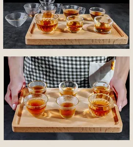 Exquisite Japanese style hammer pattern glass tea cup set with a natural wooden serving tray