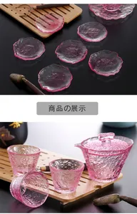 Gedetailleerd macrozicht van de roze gradiënt gehamerd glas theeset met textuur.