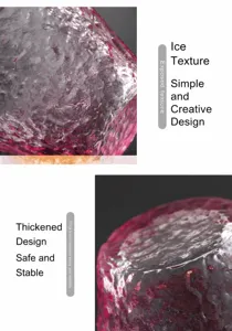 Detail van roze glazen beker met ijsdauwtextuur en een verzwaarde bodem.