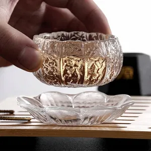 Chinese Style Glass Tea Cup Set Frosted Transparent Pumpkin Texture Kung Fu Tea Cup Petal Saucer Glassware Small Tasting Cup
