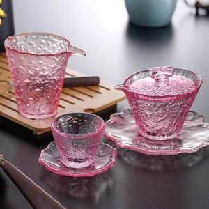 Roze Gradiënt Kristalglas Theeservies Hittebestendig Ijsdauw Gehamerde Textuur Gaiwan Fair Cup Theekopje Drinkgerei
