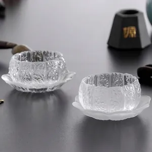 Traditional Chinese style textured glass tea cup set with lotus flower shaped saucers