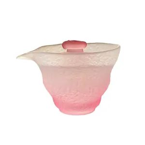 Elegant pink frosted glass tea fair cup with lid and gradient textured finish