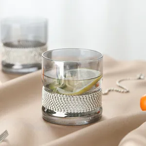 Luxurious crystal glass whiskey cup with sparkling rhinestone band decoration for gifts