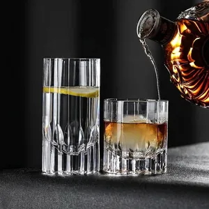 Premium hand-cut crystal whiskey glass and tall water cup set with elegant vertical patterns