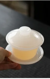 Detailed close-up of translucent white jade glass Gaiwan showing its delicate texture and luster