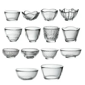 Set of Japanese crystal glass tea cups with various hammered and textured designs