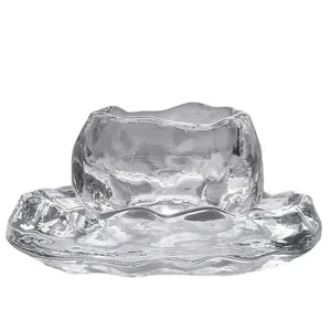 Japanese style hammered glass teacup and saucer with first snow ice-like texture