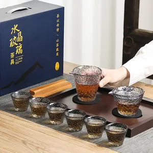 Set da tè in vetro martellato stile giapponese con 6 tazze e scatola regalo blu