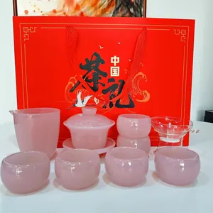 Elegant pink translucent glass Kung Fu tea set gift box includes gaiwan and six cups