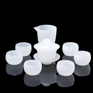 Elegant white glass Kung Fu tea set with gaiwan, pitcher, and six cups for home or office gift
