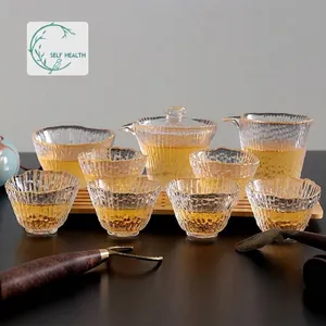 Service à Thé en Verre Martelė Style Chinois Bord Dorė Design en Bambou Gaiwan Résistant à la Chaleur Avec Coffret Cadeau