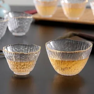 Tasses à thé Kung Fu en verre texturé avec bord doré pour la cérémonie du thé chinoise