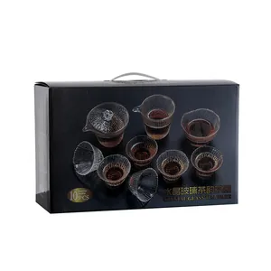 Élégant service à thé chinois de 10 pièces en verre cristal avec motif bambou en boîte