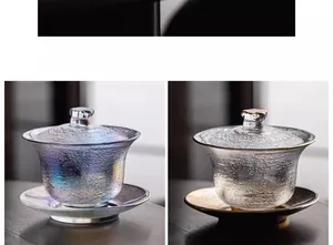 Zwei Arten von handbemaltem Kristallglas-Gaiwan mit Goldrand und schillerndem Finish