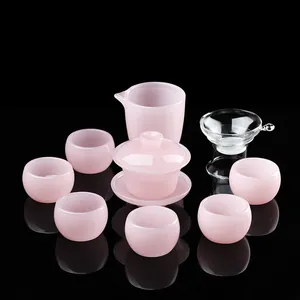 Modern Chinese Style Pink Glass Tea Kit Pink Liuli Gaiwan Fairness Cup Tea Strainer Tasting Cup For Home Office Tea Lover Gift