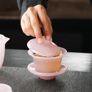 Premium modern pink glazed glass Kung Fu tea Gaiwan set for elegant home brewing